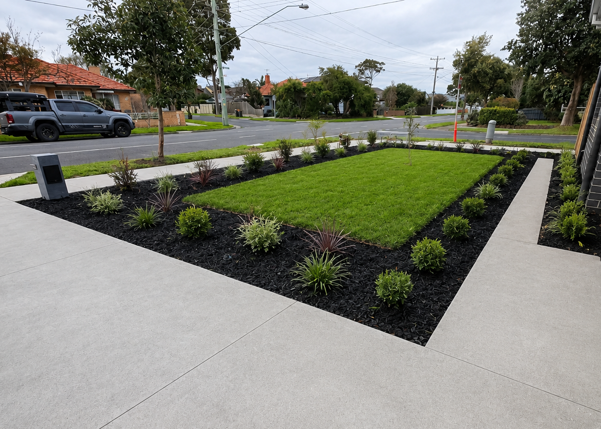 A front yard with lawn and freshly spread black mulch